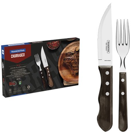Jogo-de-12-Talheres-Para-Churrasco-Inox-Castanho-Polywood-Tramontina